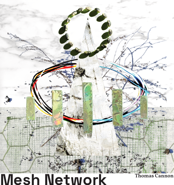 Mesh Network Album Art. A pyramid, surrounded by energy & crystalline structures, halo'd by beans
