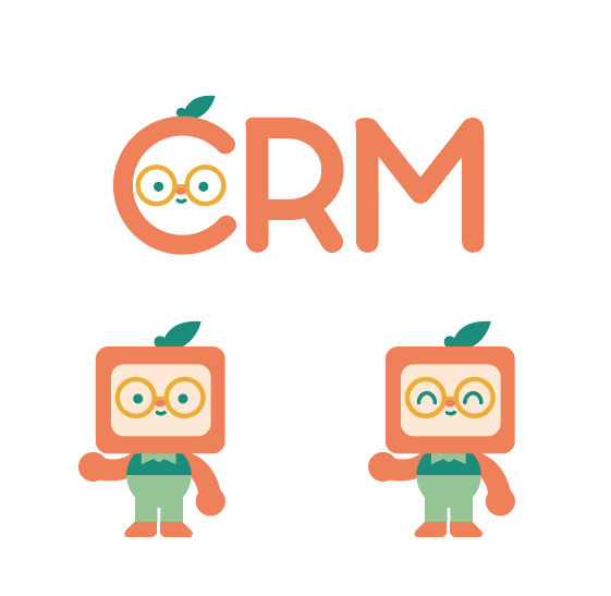 The mascot for Little CRM: Tangelo. They are orange, have a computer screen for a face, glasses, and are wearing a sporty bow-tie