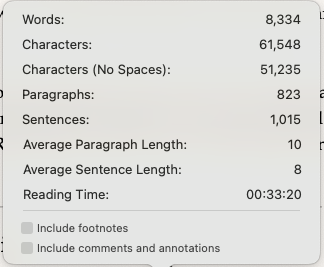 A screenshot of the stats for an upcoming guide in Scrivener. 8,334 words; approximately 30 minutes reading time
